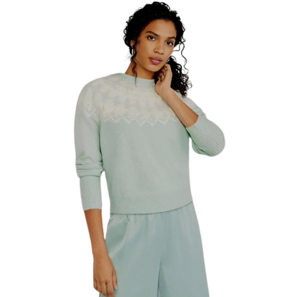 NWT Womens Size Small Ann Taylor Mint Green White Fair Isle Mock Neck Sweater